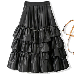 Multilayer Ruffled Bouncy Satin Midi Skirt