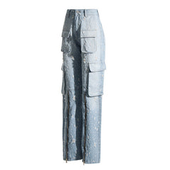 Pre Order: Blue Ripped Distressed Multi-Pocket High Waist Long Jeans