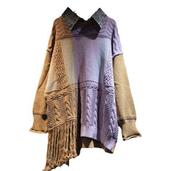 Tassel Splicing Denim Collar Long Sleeve Loose Knitted Sweater