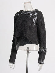Pre Order: Belt Tassel Long Sleeve Knitted Cropped Sweater
