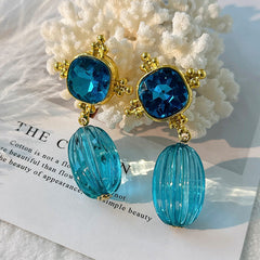 Retro Blue Geometric Crystal Pendant Earrings