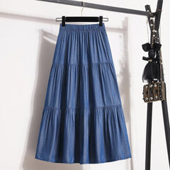 Patchwork Denim Pleated A-Line Skirt