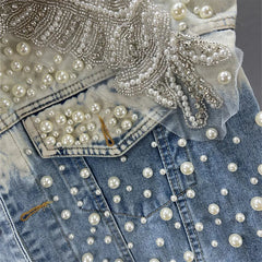 Pearl Beaded Diamond Blue Short Denim Vest