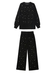 Round Neck Beaded Loose Sweater + Wide Leg Pants