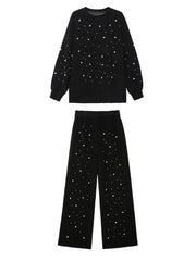 Round Neck Beaded Loose Sweater + Wide Leg Pants