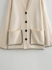 Elegant Knitted Pocket and Hem Stitch Cardigan