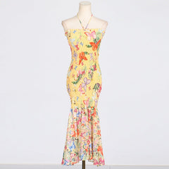 Slim Pleated Halter Neck Fishtail Dress