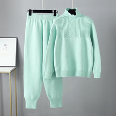 Solid Long Sleeve Knit Sweater + Loose Pants Set