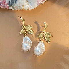 S925 Silver Needle Vintage Metal Leaf Pearl Earrings
