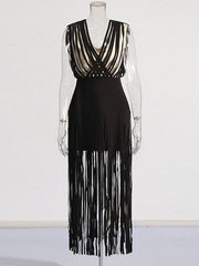 Tassel Deep V-neck Waist Bandage Long Dress