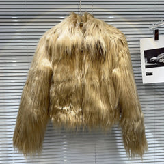 Gold Faux Fur Plush O-Neck Zipper Jacket