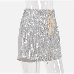 Silver Sequins Low Waist Lace Up Mini Shorts