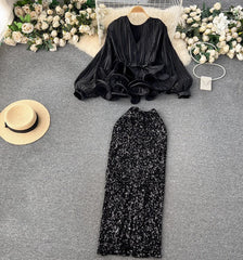 Waist-Cinching Ruffled Pleated Top + High-Waisted Sequined Skirt