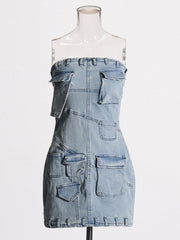Multi Pocket Strapless Slim Fit Mini Denim Dress