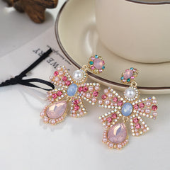 Pearl Crystal Glass Metal Bow Earrings