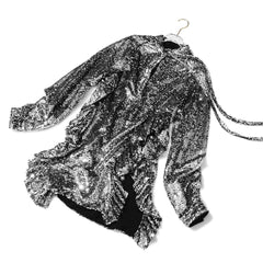 Shiny Sequined Ruffle Edge Long Sleeve Blouse