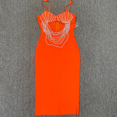 Diamond Faux Pearl Chain Front Hollow Hip Covering Bandage Dress