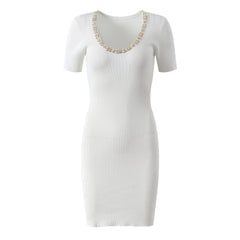 Scoop Neck Nail Bead Slim Fit Short Sleeved Dress