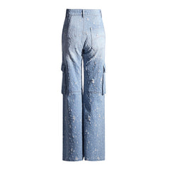 Pre Order: Blue Ripped Distressed Multi-Pocket High Waist Long Jeans