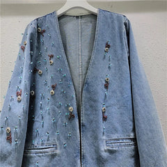 Pre Order: Bead Studded Front Pockets Denim Jacket