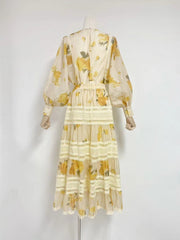 Round Neck Lantern Sleeve Top + Elastic Waist Maxi Skirt