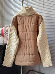 Turtleneck Knitted Patchwork Cotton-Padded Sweater