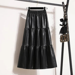 Splicing Soft Leather Elastic Waist Pleated Skirt