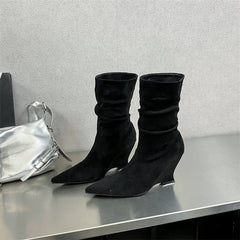Soft Leather Pointed Toe Slope Heel Short Boots
