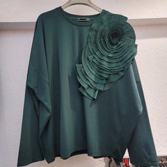 Pleated 3D Flower Loose Casual Round Neck Top