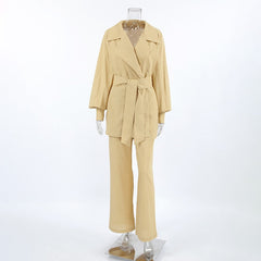 Solid Loose Long Sleeve Waistband Blazer + Pants Set