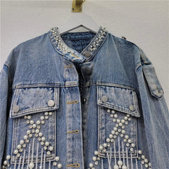 Pearl Studded Diamond Fringed Hollow Back Denim Jacket