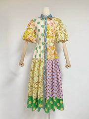 Bubble Sleeves Waist Belted Floral Dress