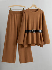 Knitted Loose Belted Sweater + Wide Leg Pants Set