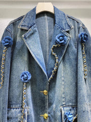 3D Flower Patchwork Gold Chain Washed Denim Jacket
