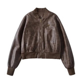 PU Leather Zip Up Bomber Jacket