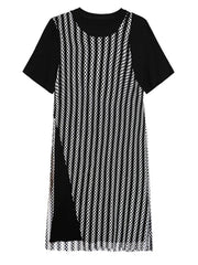 Irregular Striped Mesh Short Sleeved Midi Dress