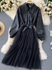 Mesh Stitching PU Jacket Dress
