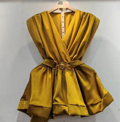 Solid V-Neck Waist Cincher Top