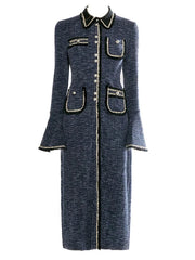 Tweed Collar Front Pockets Long Sleeve Midi Dress