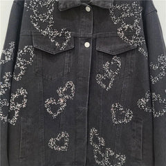Heart Diamond Beaded Black Denim Jacket