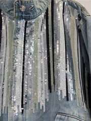 Striped Sequins Long Sleeve Loose Denim Jacket