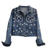 Pearl Diamond Embroidered Long Sleeved Denim Jacket