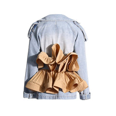 Color Block Spliced Belt Ruffled Edge Denim Jacket