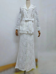 Solid Hollow Slim Spliced Lace Up Top + Wide Leg Pants