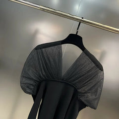 Solid V-Neck Pleated Mesh Patchwork Knitted Sweater