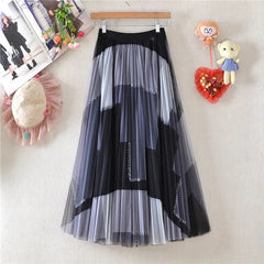 Patchwork Pleated Mesh A-line Skirt
