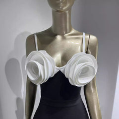 White 3D Flower A-Line Black Party Dress