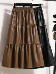 Splicing Soft Leather Elastic Waist Pleated Skirt