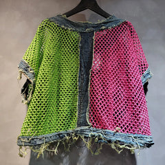 Patchwork Contrast Color Burrs Denim Pockets Top + Elastic Waist Pants