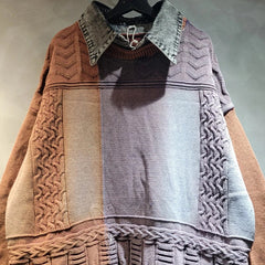 Tassel Splicing Denim Collar Long Sleeve Loose Knitted Sweater